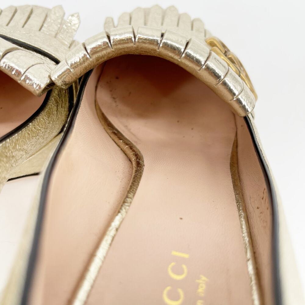 Gucci Gold Metallic Crackled Leather GG Marmont Fringe Platform Heels EU 36 - Picture 11 of 16
